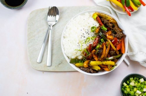 rice with colorful bell pepper steak slices recipe