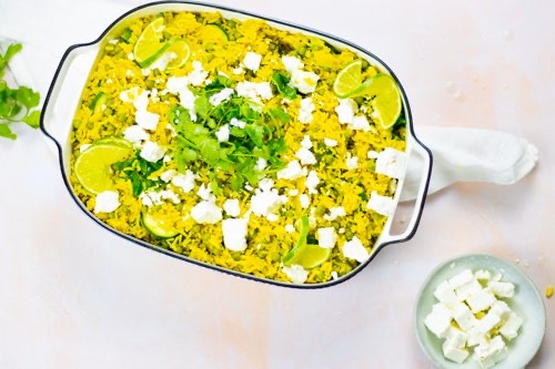 one pan delicious coconut peas rice with feta on top