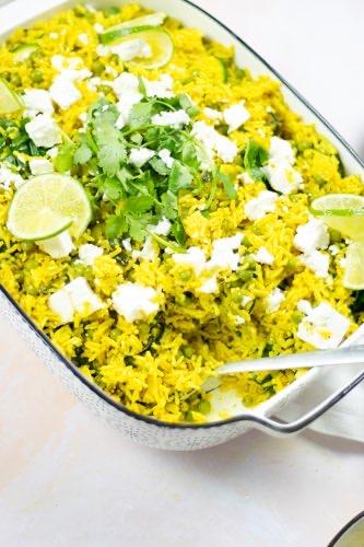 delicious and rich in nutrition coconut peas rice with spinach and feta